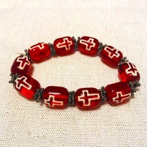 Red Glass Beads with White Cross Stretch Bracelet